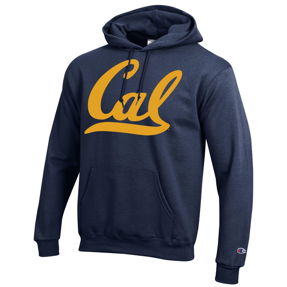 Navy hoodie with yellow 'Cal' logo on a white background