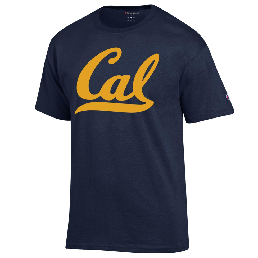Navy blue t-shirt with yellow 'Cal' logo on a white background