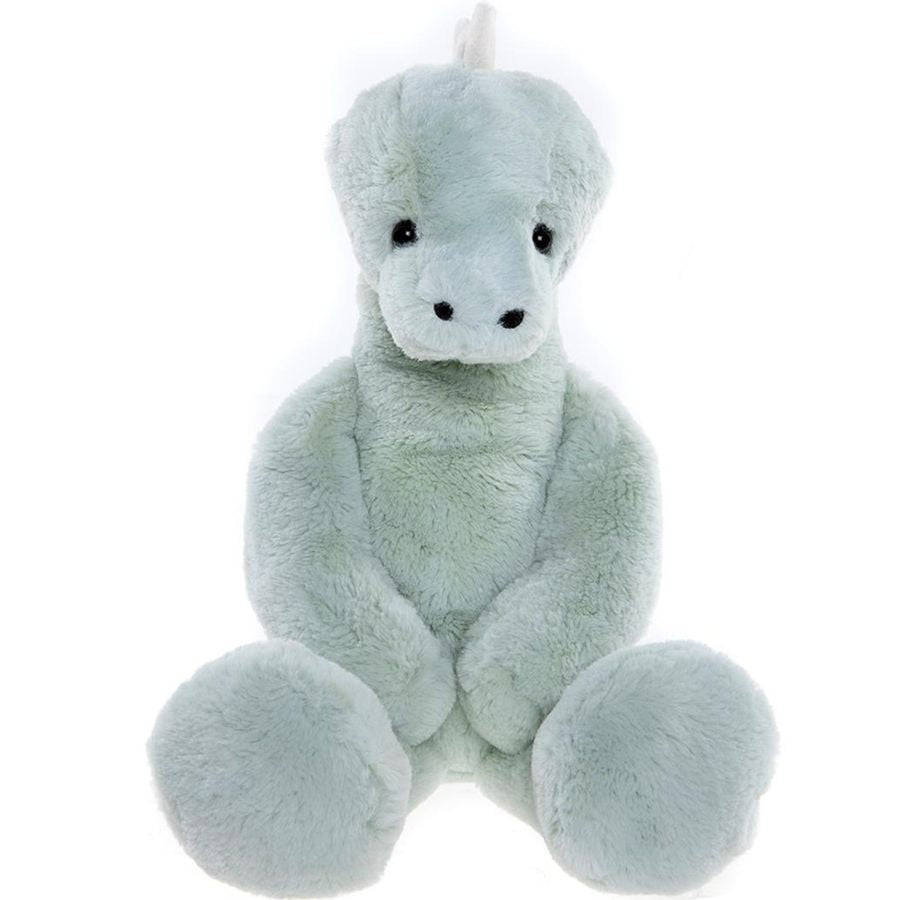 Plush toy dinosaur in light blue on a white background