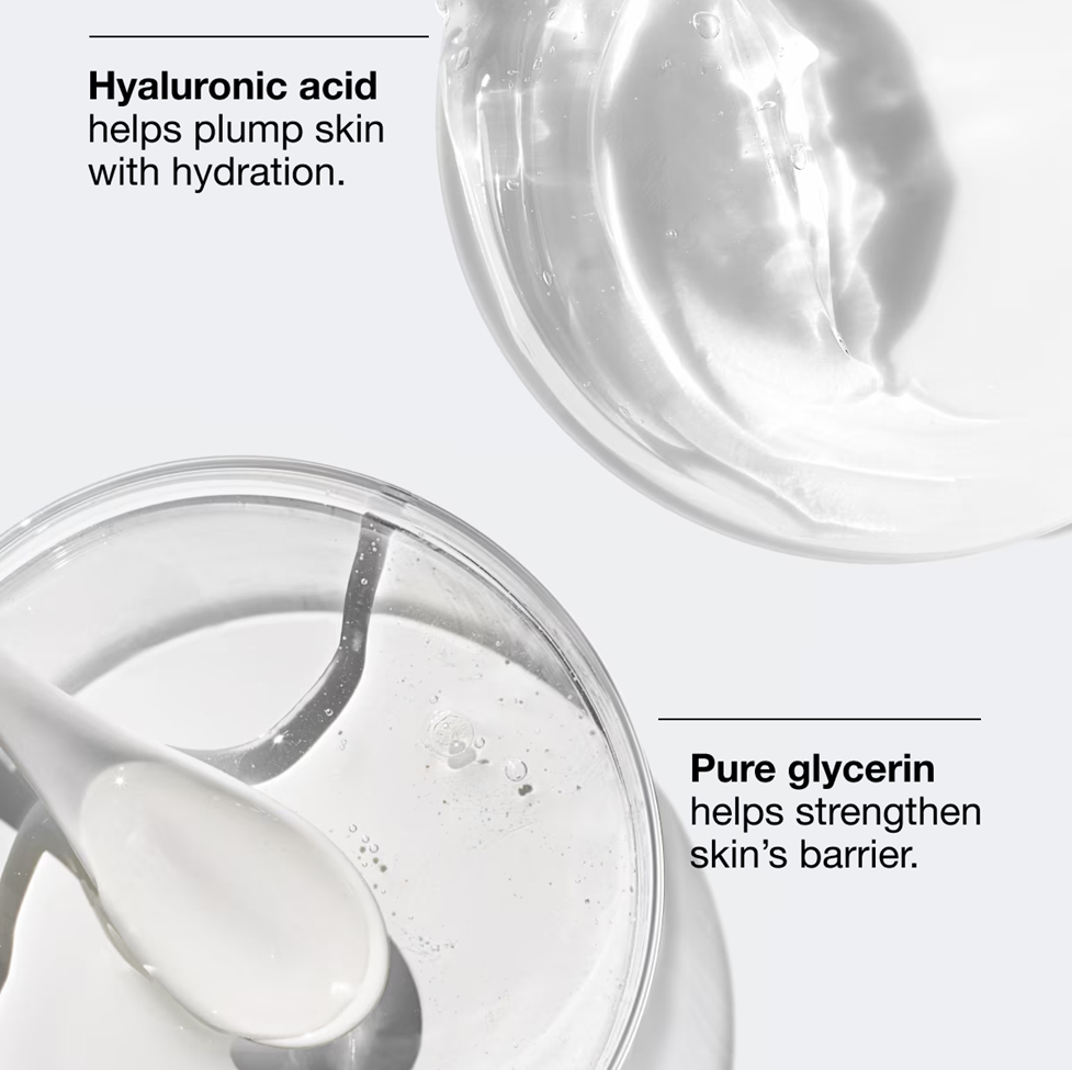 Close-up of hydrating skincare products with text about hyaluronic acid and glycerin.