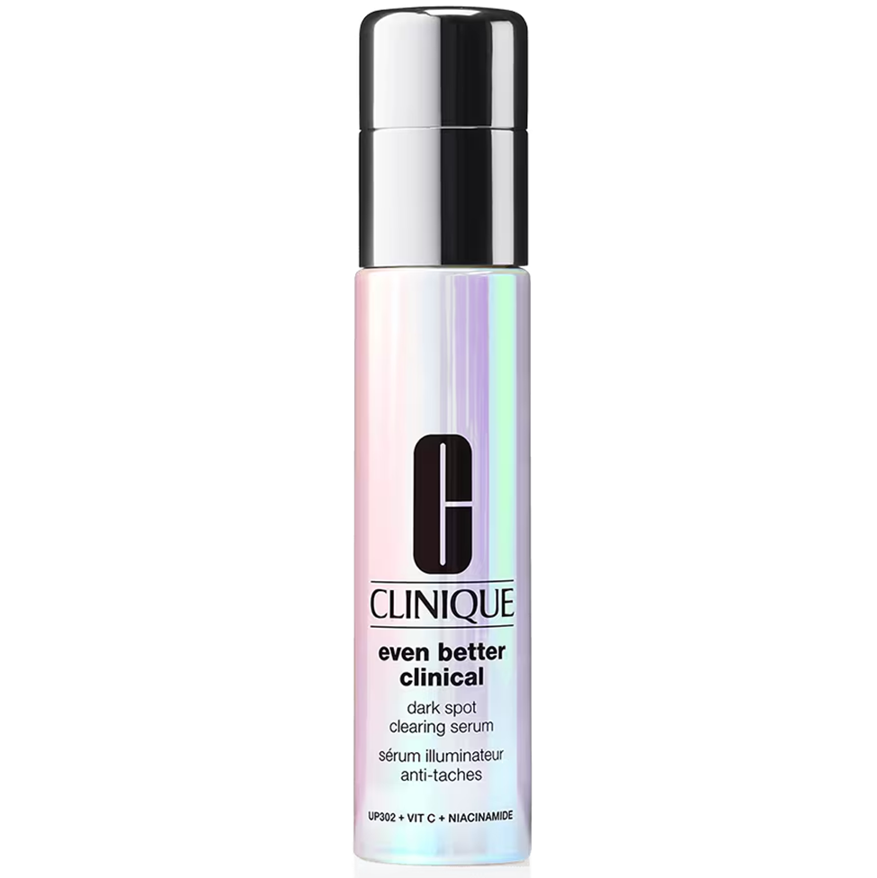 Clinique serum bottle with iridescent cap on a white background