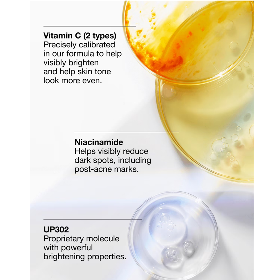 Product packaging with text about Vitamin C, Niacinamide, and UP302 on a white background.