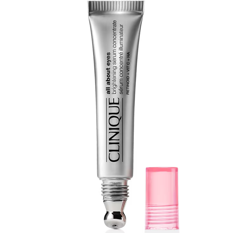 Clinique eye serum with pink cap on white background