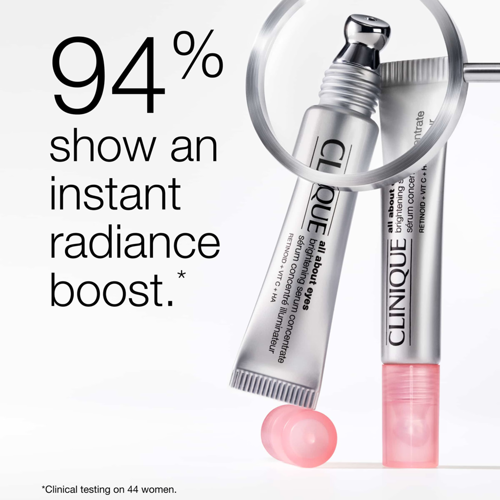 Clinique eye and lip products with a pink sphere and text about instant radiance boost.