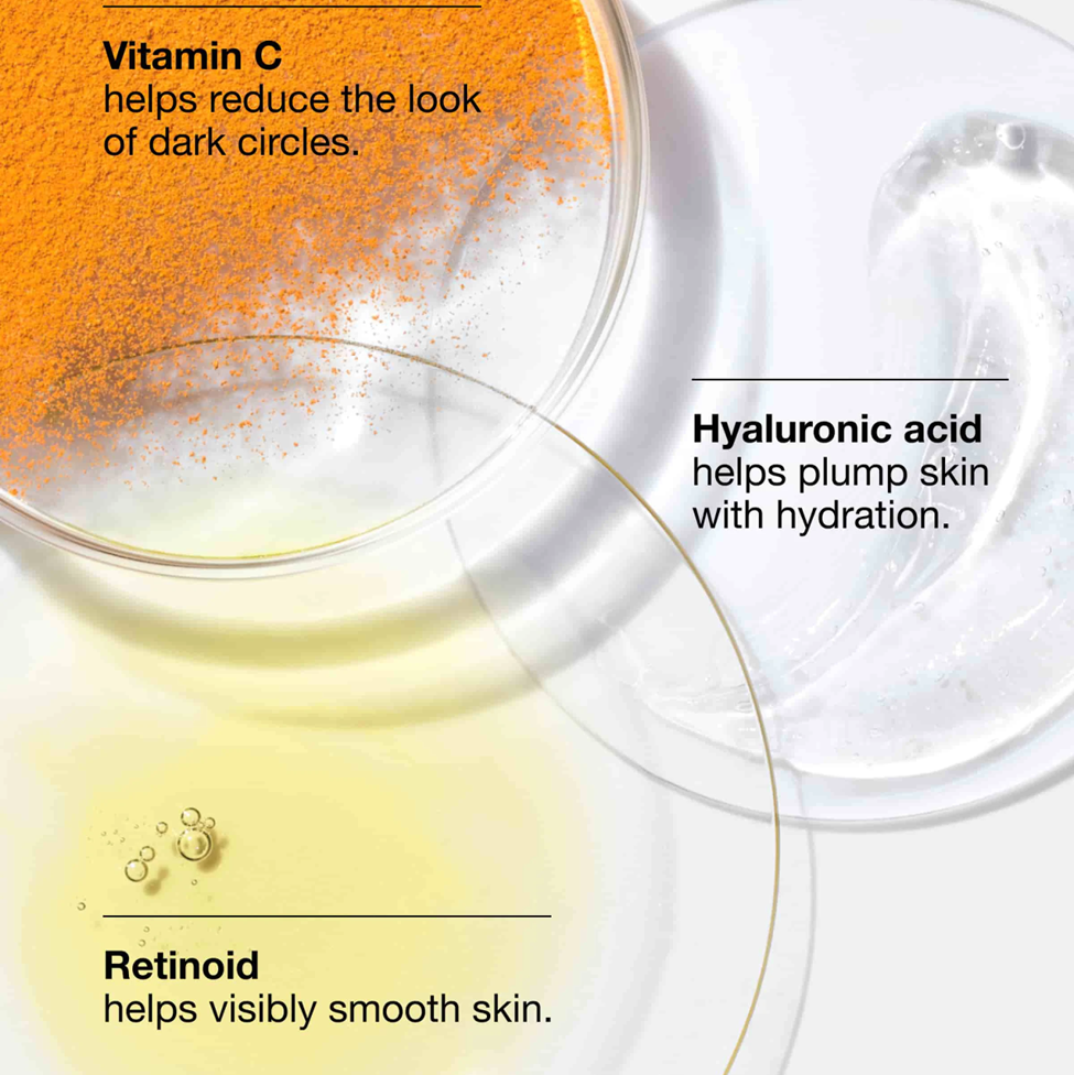Skincare product with text about Vitamin C, Hyaluronic acid, and Retinoid benefits on a white background.