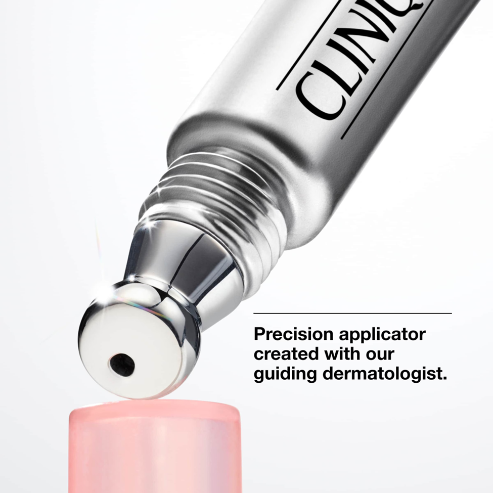 Clinique cosmetic bottle with precision applicator on a white background