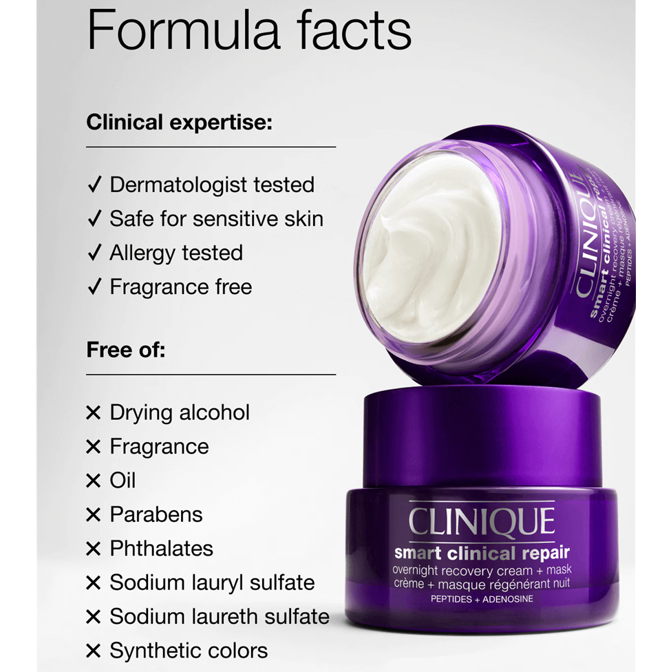 Clinique smart clinical repair cream with formula facts on a white background