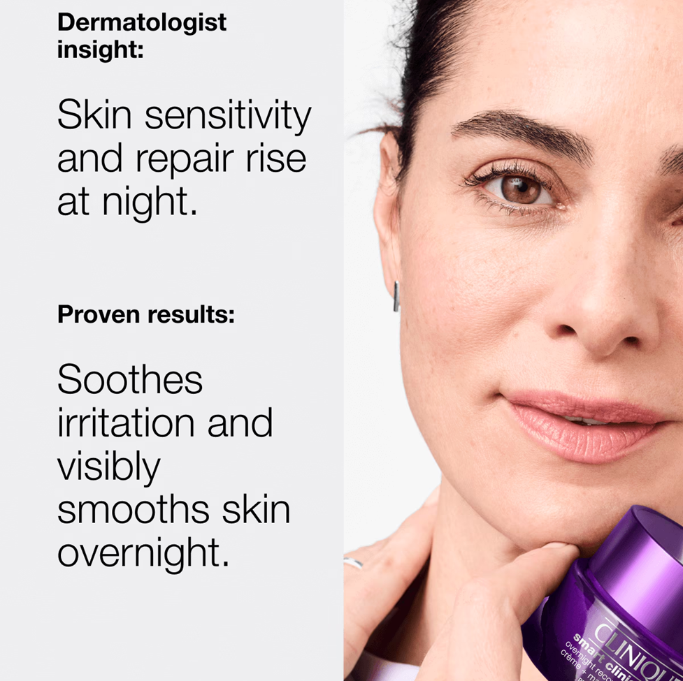 Woman holding a purple Clinique bottle with text about skin sensitivity and repair.