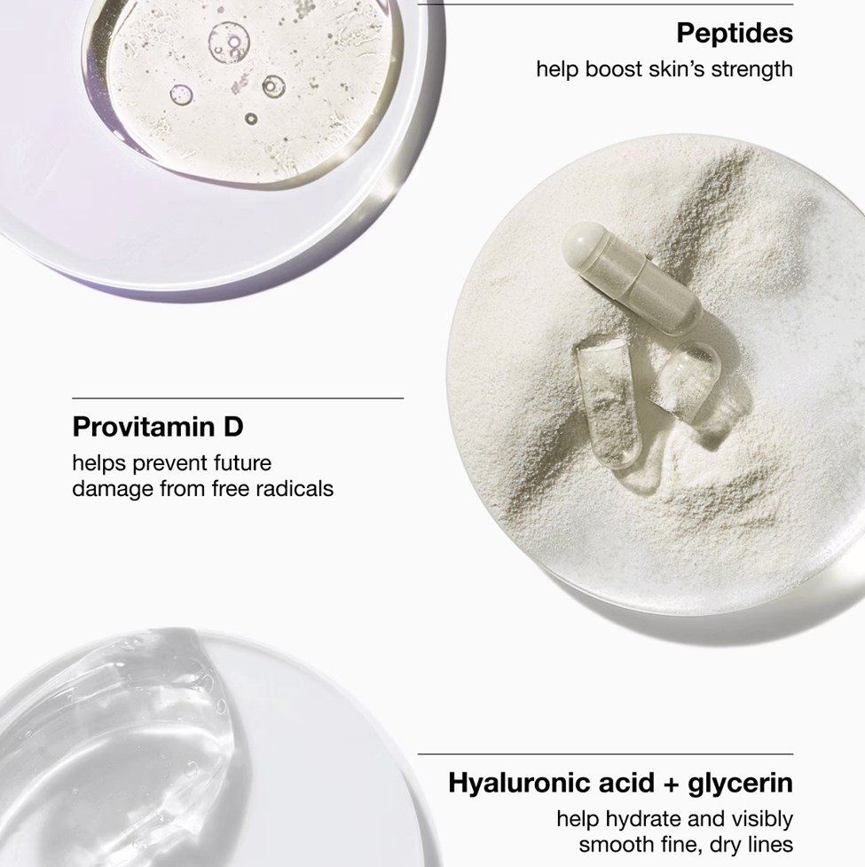 Cosmetic powders with text about skincare ingredients on a white background
