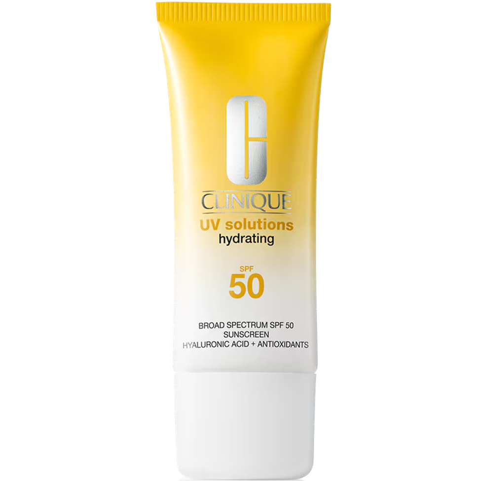 Clinique UV Solutions hydrating sunscreen tube on a white background