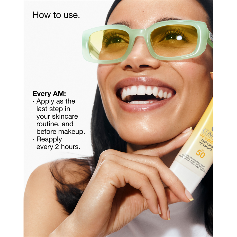 Woman applying sunscreen with text on how to use it