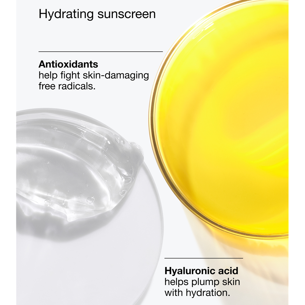 Hydrating sunscreen with text about antioxidants and hyaluronic acid on a white background