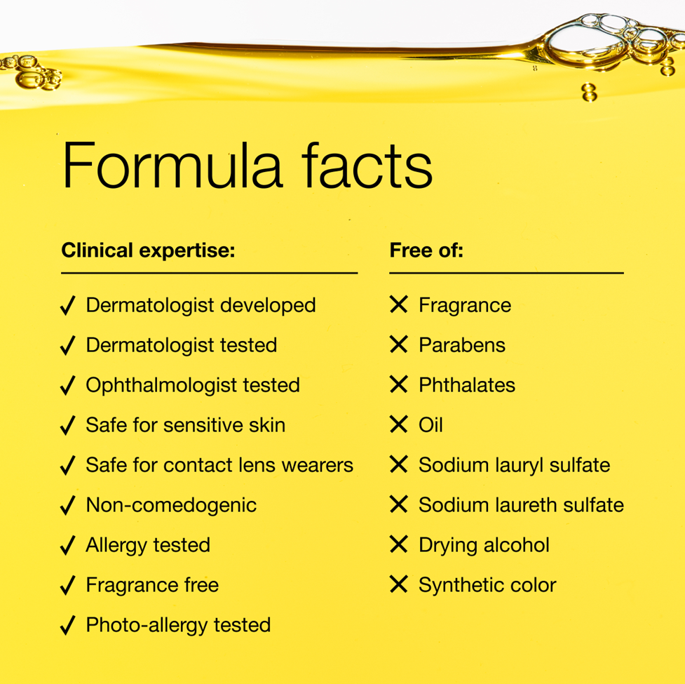 Formula facts chart on a yellow background with skincare product design elements.