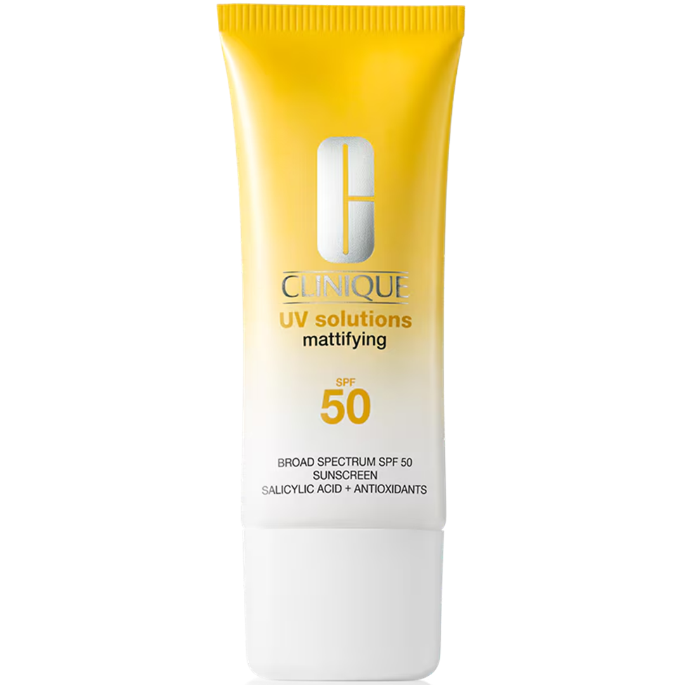 Clinique UV Solutions mattifying sunscreen tube on a white background
