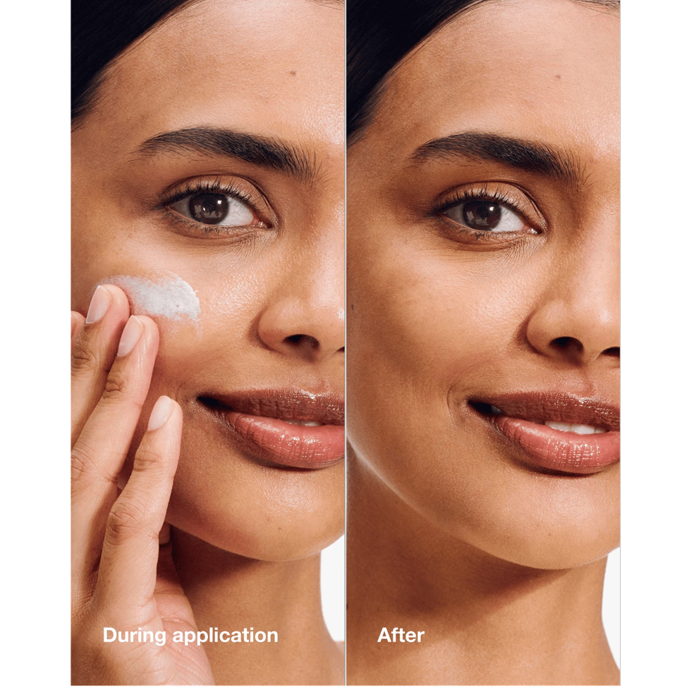 Before and after application of a skincare product on a woman's face.