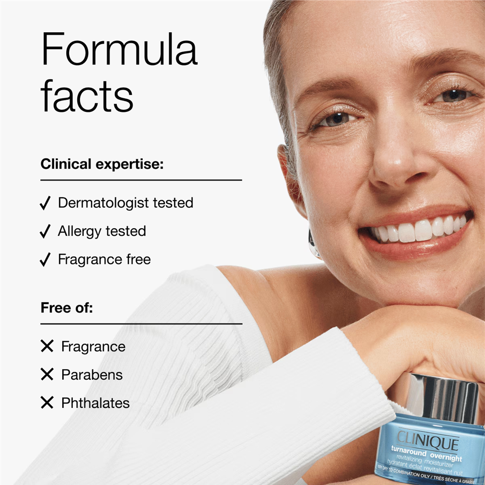 Woman holding a Clinique skincare product with 'Formula facts' text on a white background