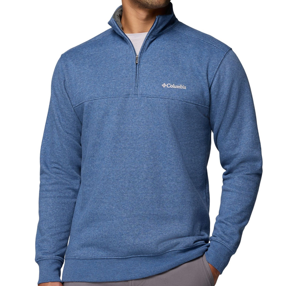 Blue pullover with Columbia logo on a white background