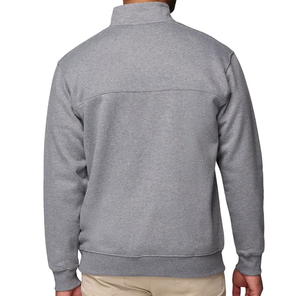 Gray half-zip sweatshirt worn by a person on a white background