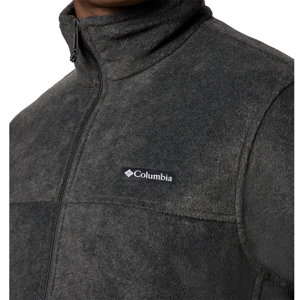 Dark gray fleece vest with Columbia logo on a white background