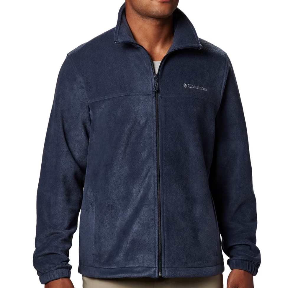 Navy blue fleece jacket with a brand logo on a white background