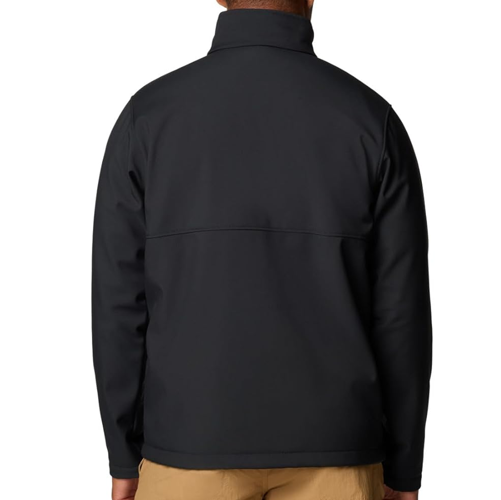 Black jacket worn by a person on a white background