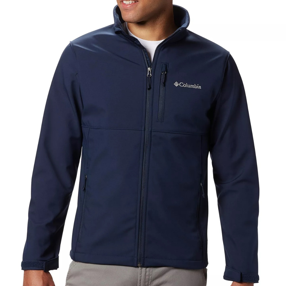 Navy blue jacket with Columbia logo on a white background