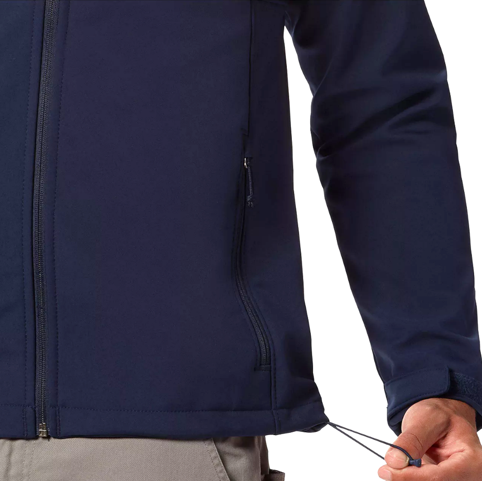 Navy blue jacket with a close-up of the zipper on a white background