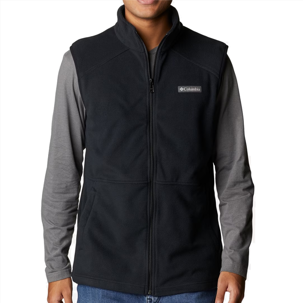 Black and gray Columbia vest on a white background