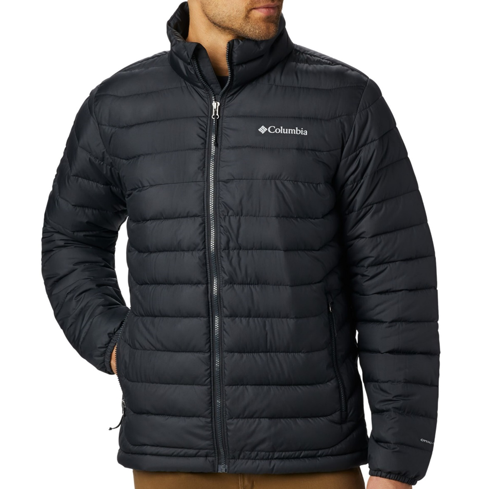 Black puffer jacket with Columbia logo on a white background