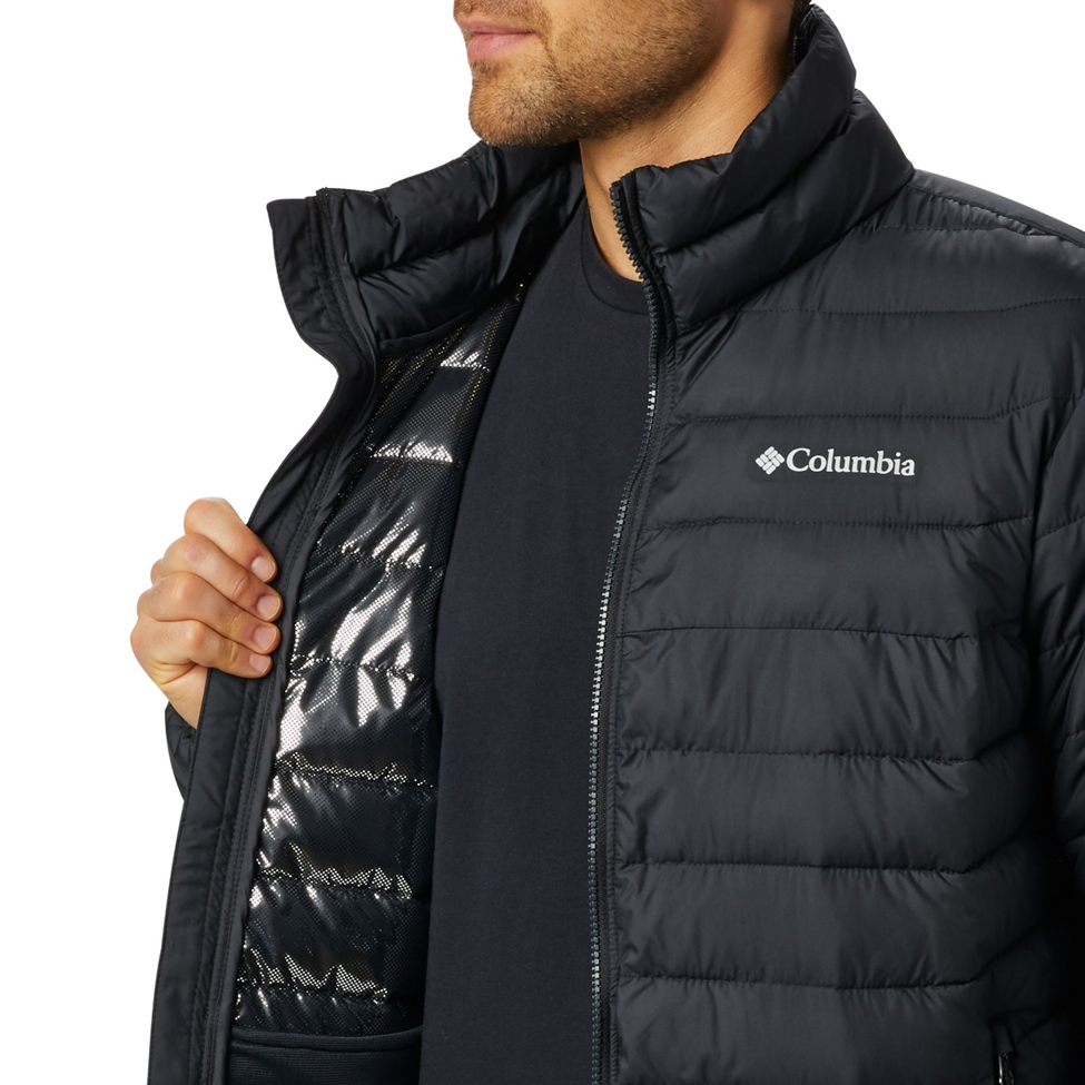 Black puffer jacket with Columbia logo on a white background