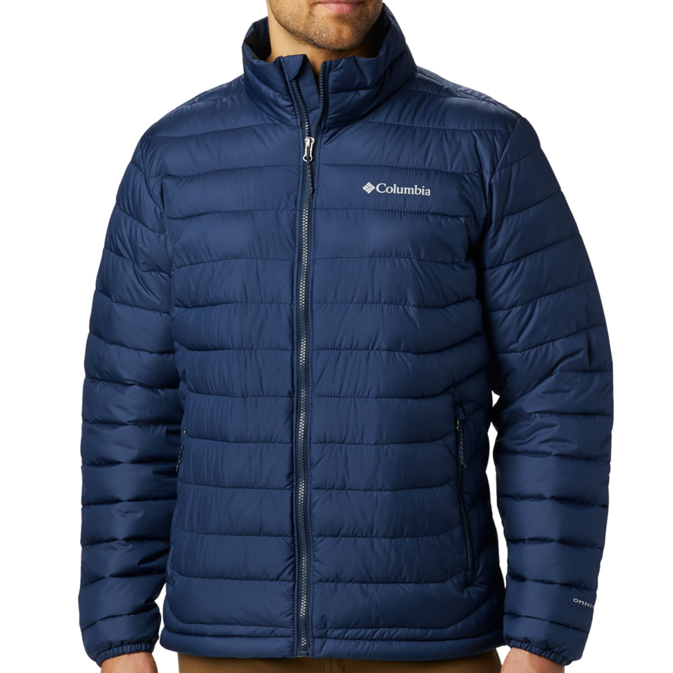 Blue puffer jacket with Columbia logo on a white background