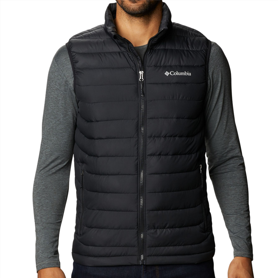 Black puffer vest with Columbia logo on a white background