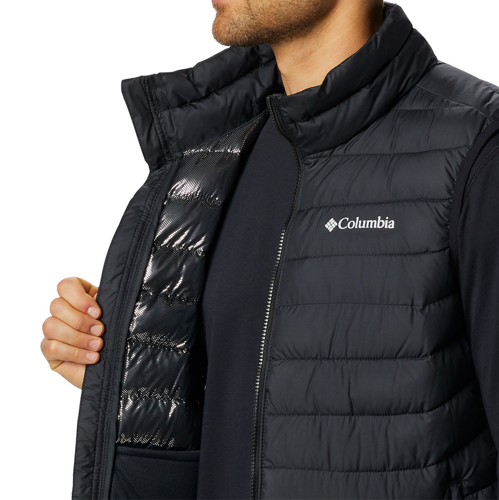 Black puffer vest with Columbia logo on a white background