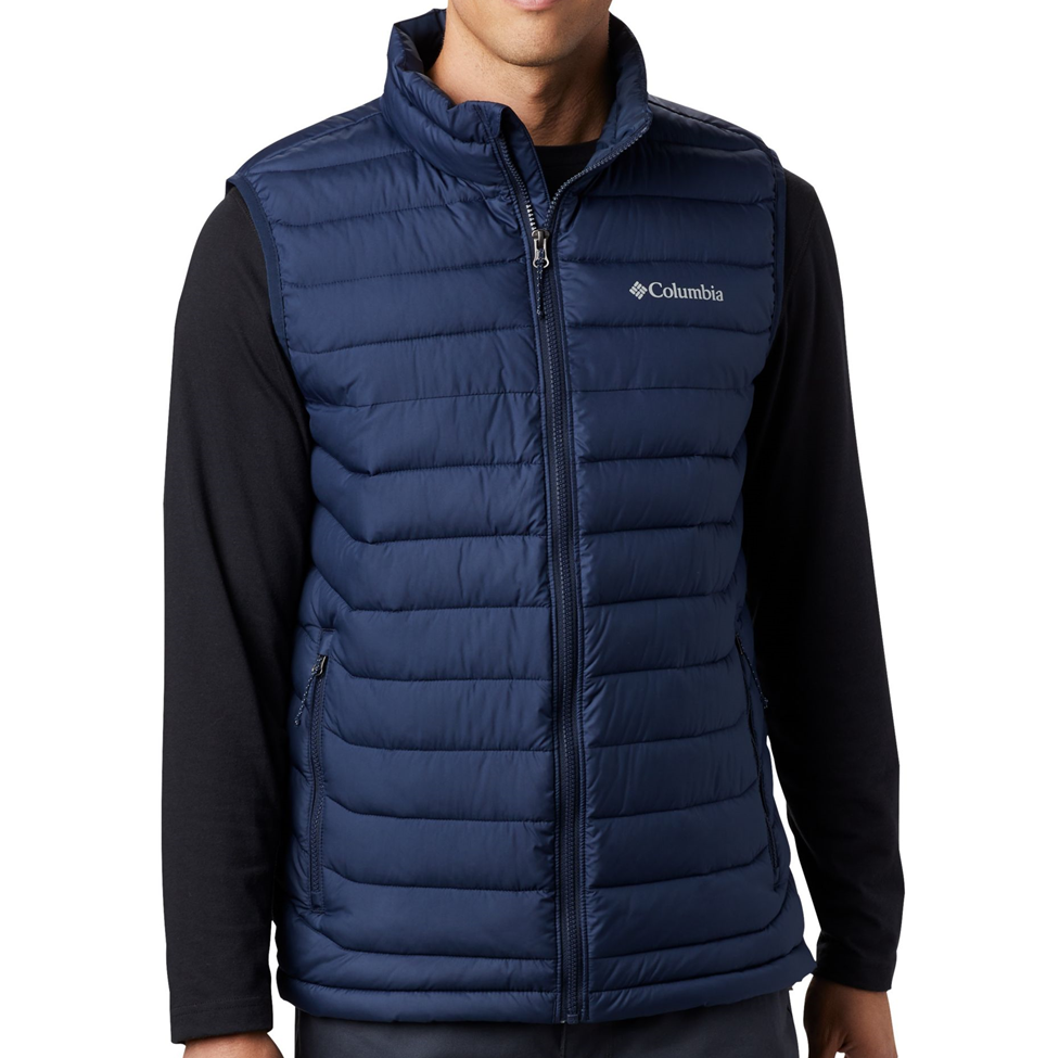Blue puffer vest with Columbia logo on a white background