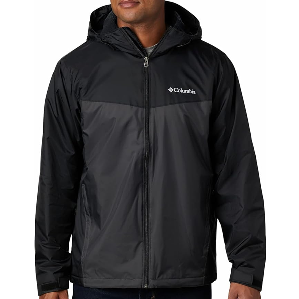 Black Columbia jacket worn by a person on a white background