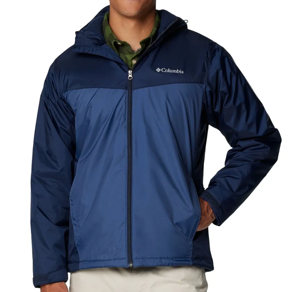 Navy blue jacket with Columbia logo on a white background