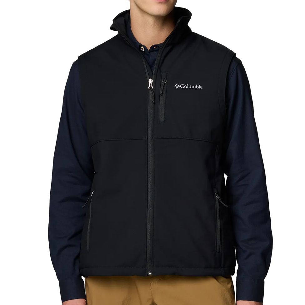 Black Columbia jacket worn by a person on a white background