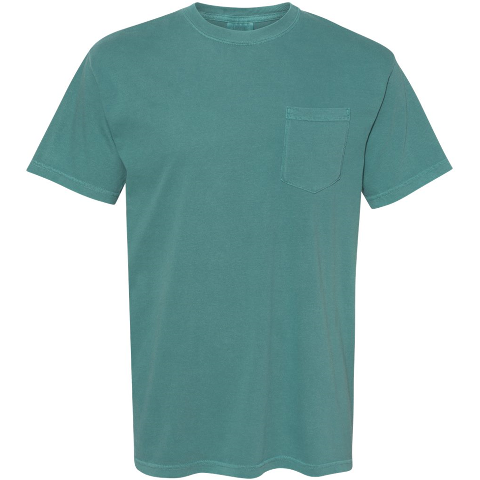 Teal t-shirt with a pocket on a white background