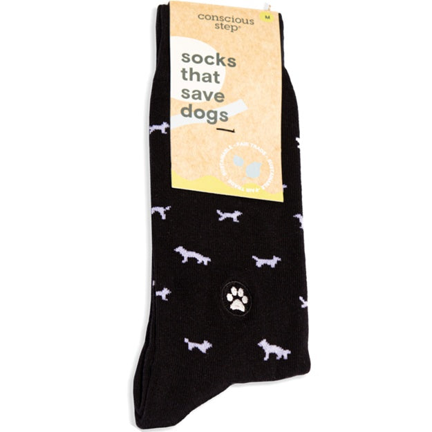 Black sock with dog pattern and 'Conscious Step' label on a white background