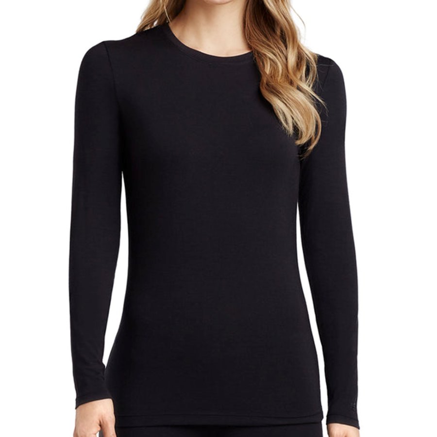 Black long-sleeve top worn by a person on a white background