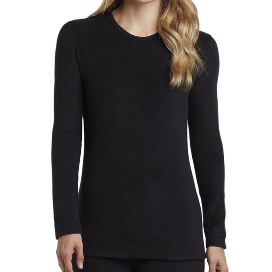 Black long-sleeve top worn by a person on a white background