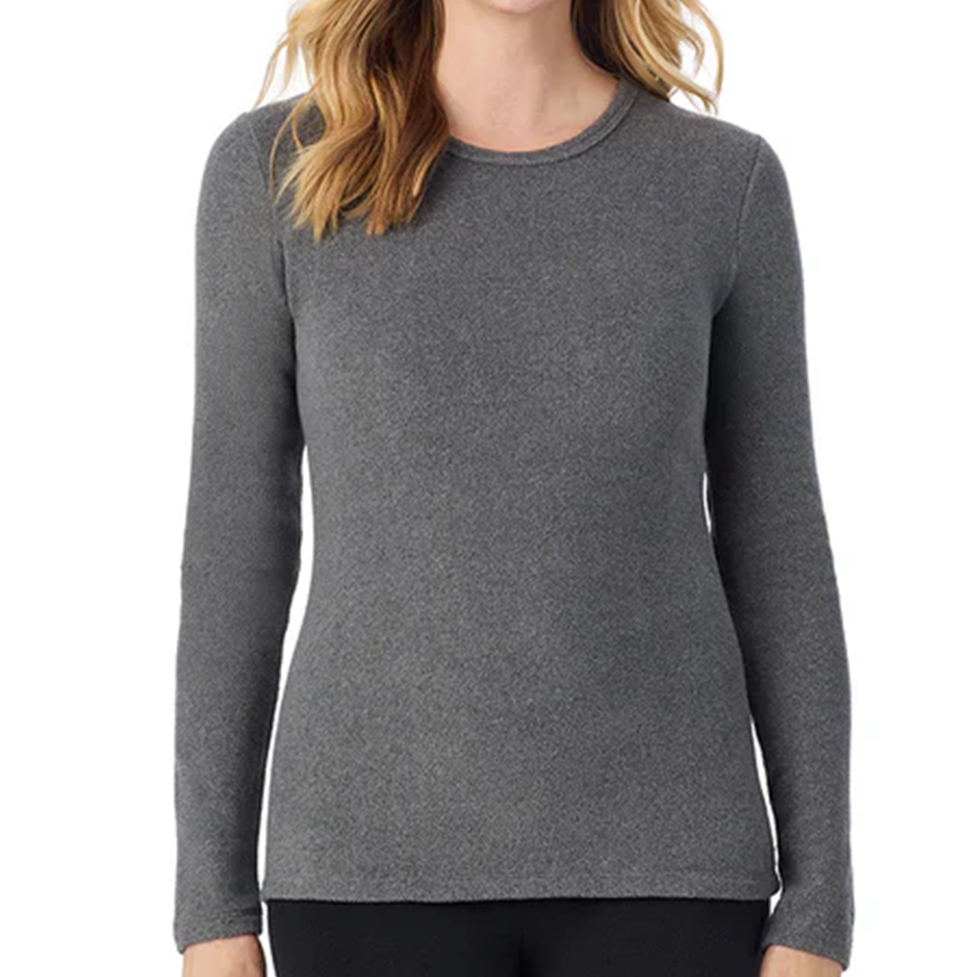 Gray long-sleeve shirt worn by a person on a white background