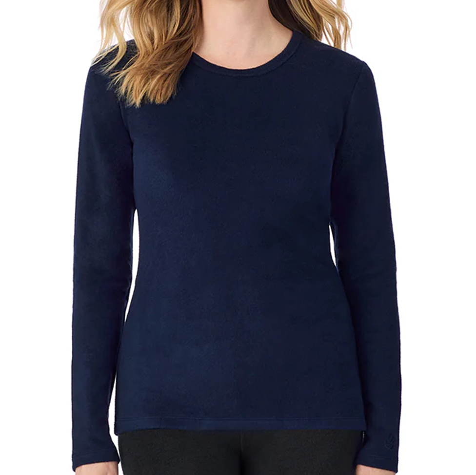 Navy blue long-sleeve shirt worn by a person on a white background