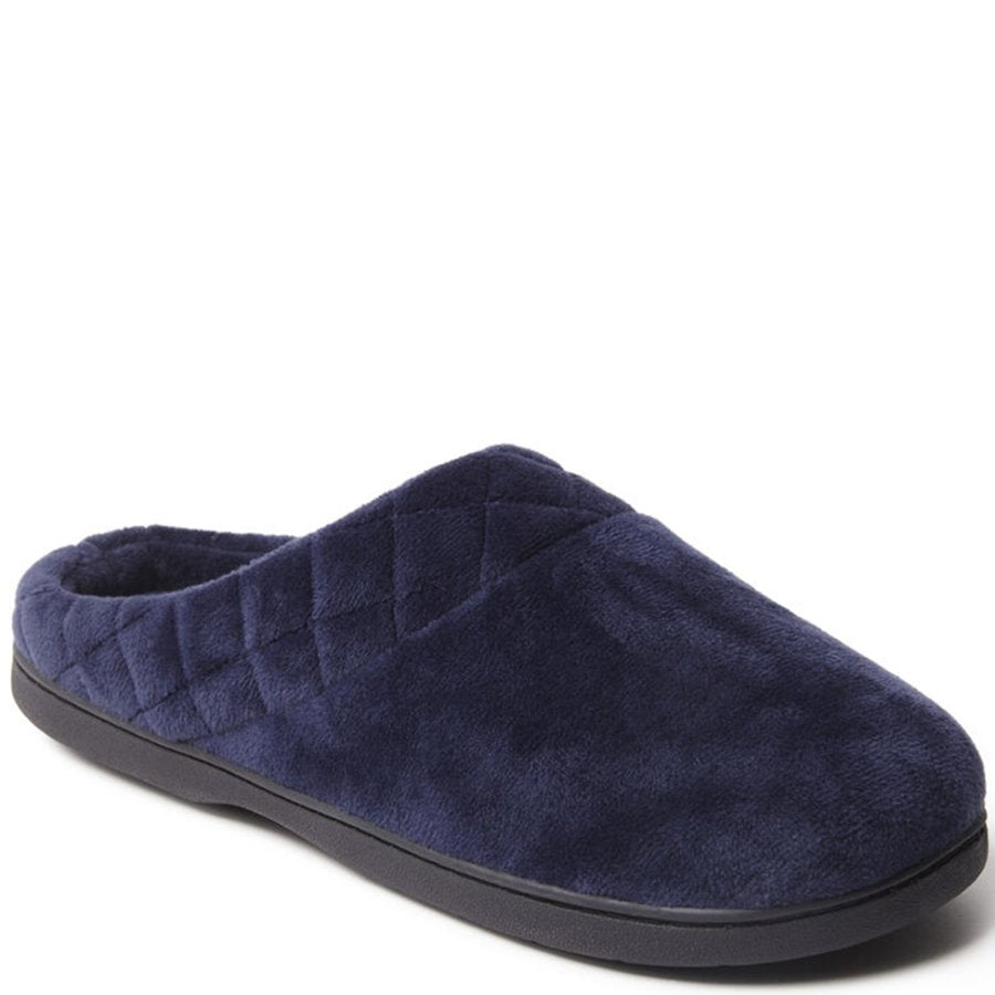 Navy blue slipper with a textured surface on a white background