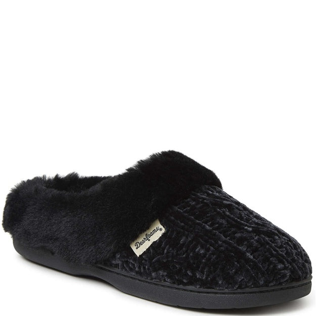 Black slipper with textured surface and fur trim on a white background