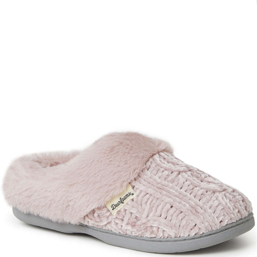 Pink slipper with fuzzy texture on a white background
