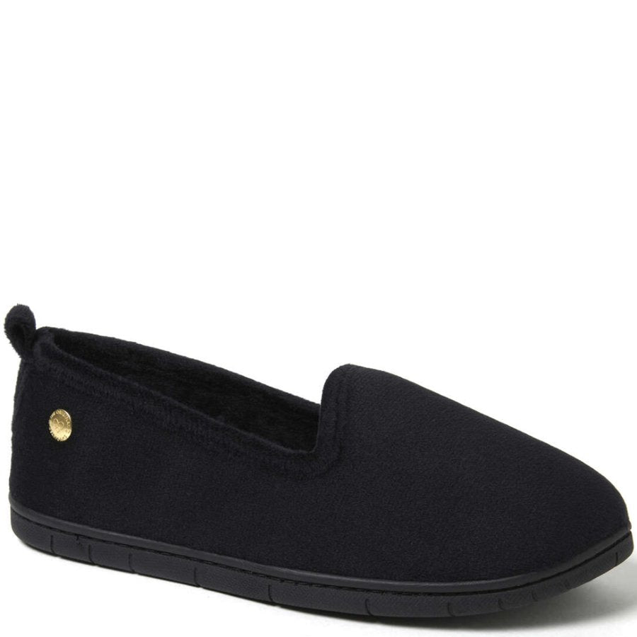 Black slip-on shoe with a gold button on a white background