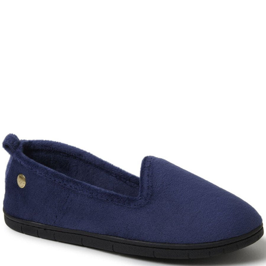 Blue slipper with a gold button on a white background