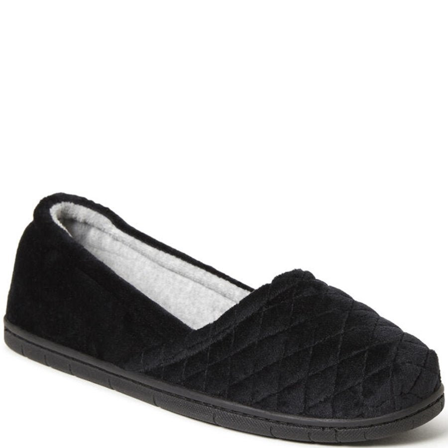 Black quilted slipper with gray interior on a white background