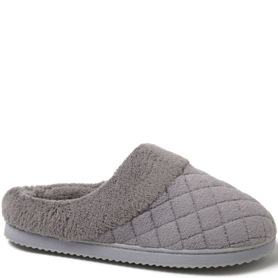 Gray slipper with textured sole on a white background